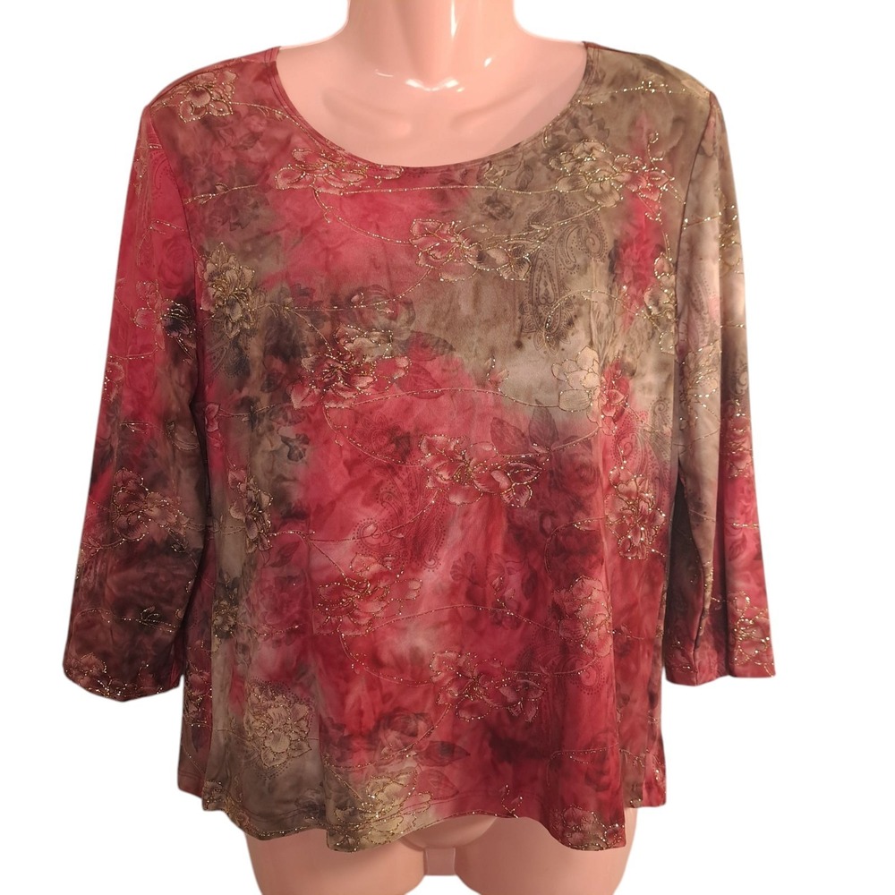 Brittany Black Women's Blouse L Peach/Brown 3/4 Sleeve Glitter Embellishments